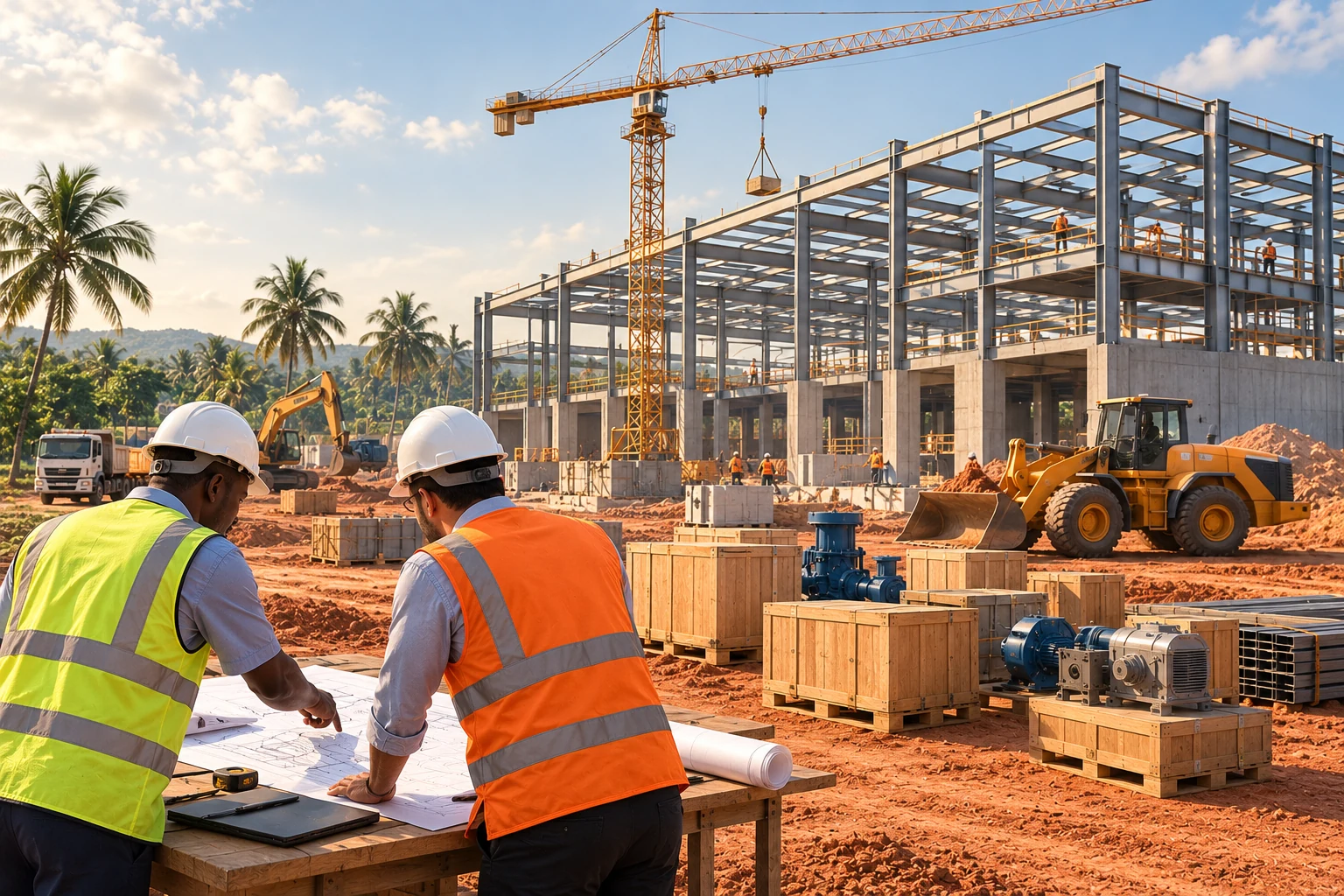 Chantier industriel en Afrique de l’Ouest : charpente métallique, grue, équipements livrés et ingénieurs consultant des plans