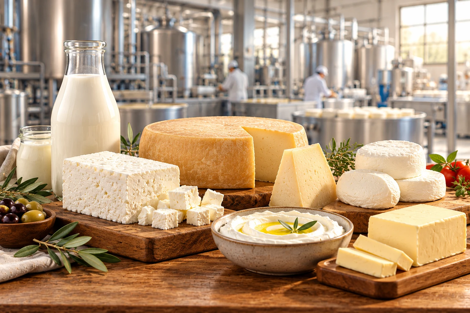 Produits laitiers (fromages, lait, beurre et labneh) devant une unité de production laitière